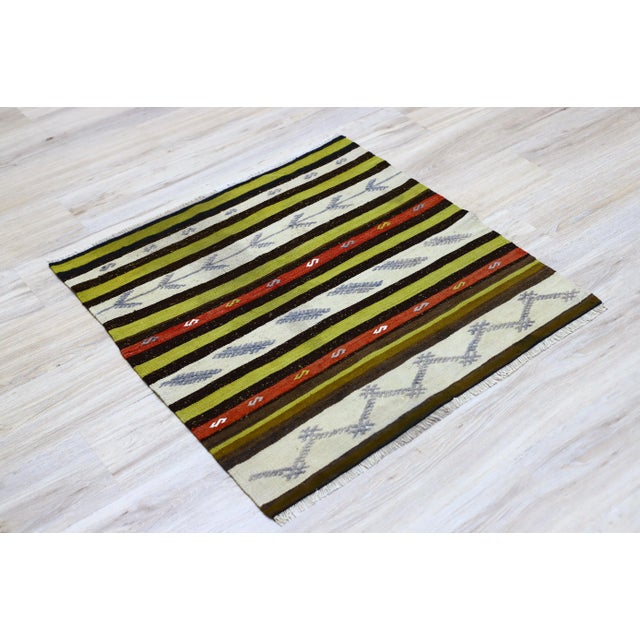 Cabin 1960s Cabin Style Small Turkish Hand Knotted Striped Kilim Rug For Sale - Image 3 of 11