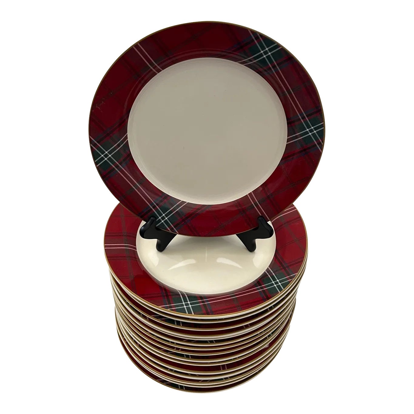 Williams Sonoma Red Tartan Plaid Dinner Plate-A Set | Chairish