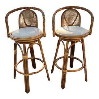 1970s Vintage Rattan Cane Swivel Bar Stools- A Pair For Sale
