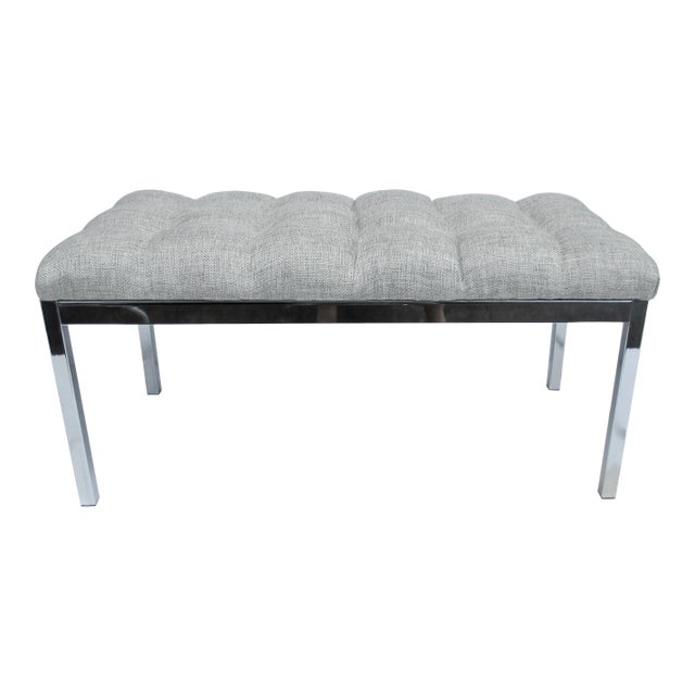 Vintage C.1970's Chrome Milo Baughman Attributed Bench, With Button Tufted Heather Grey Textile For Sale