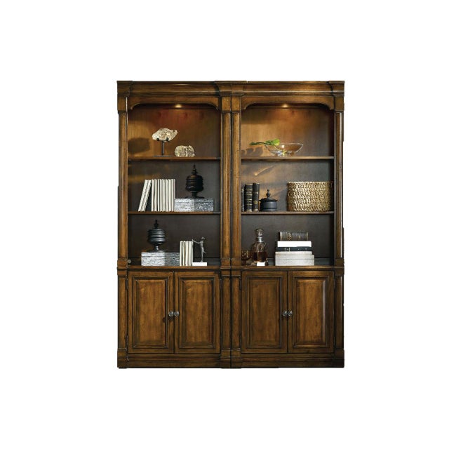 One Warm Walnut Tabaccoo-Brown Single Bunching Bookcase With Lights and Glass Shelf For Sale In New York - Image 6 of 11