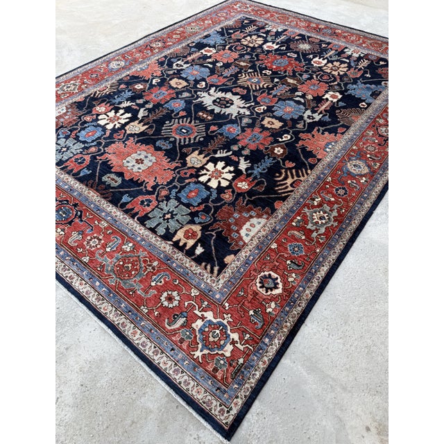 Tribal Navy Persian Heriz Design Hand-Knotted Wool Rug, 10'01 X 13'08 For Sale - Image 3 of 10