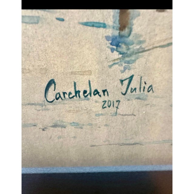 2010s Contemporary Original Coastal Wall Art – Framed Boat Scene – Signed Iulia Carchelan (15.5” X 18.5”) For Sale - Image 5 of 6