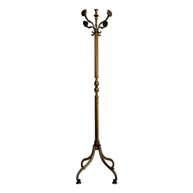 Vintage Brass Coat Rack with Shield Hooks and Twisted Column, 1960s For Sale