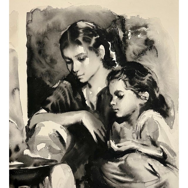 Modern Sandu Liberman, Large Gouache Original Painting Mother & Daughter Sandu Liberman Israeli Judaica For Sale - Image 3 of 7