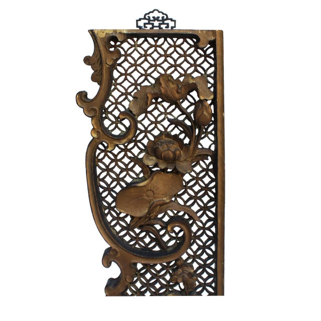Chinese Golden Relief Lotus Flower Carving Couplet Wood Wall Panels - a Pair For Sale In San Francisco - Image 6 of 9