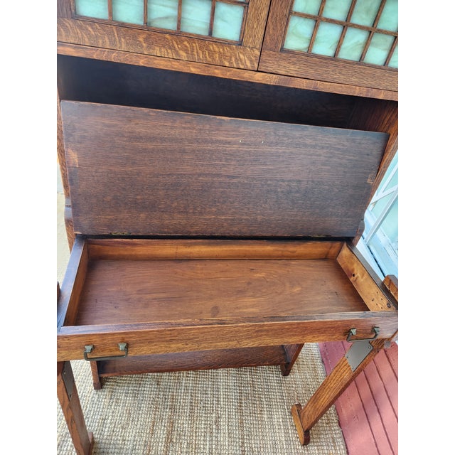 Wood Antique Mission Style Wood Secretary Desk Hutch Stained Glass For Sale - Image 7 of 12