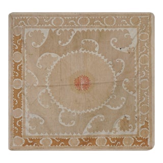 Uzbek Suzani Table Cover, Neutral Beige Hand Embroidered Textile 4'6'' X 4'7'' For Sale