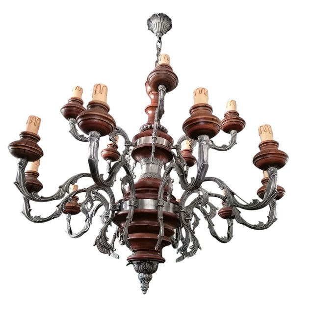 Brown Baroque Style 15-Light Chandelier in Metal and Wood, 1950s For Sale - Image 8 of 9