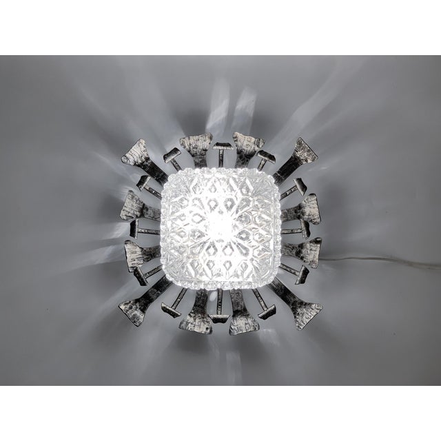1950s Spanish Brutalist Flush Mount Ceiling Light – Silvered Wrought Iron & Heavy Embossed Glass For Sale - Image 13 of 14