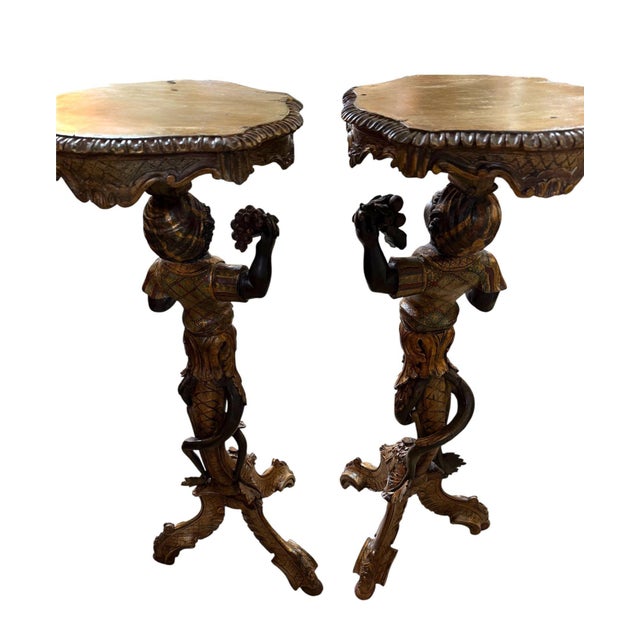 Pair of Mid-19th Century Italian Polychrome & Gilt Figural Pedestal Tables For Sale - Image 9 of 10