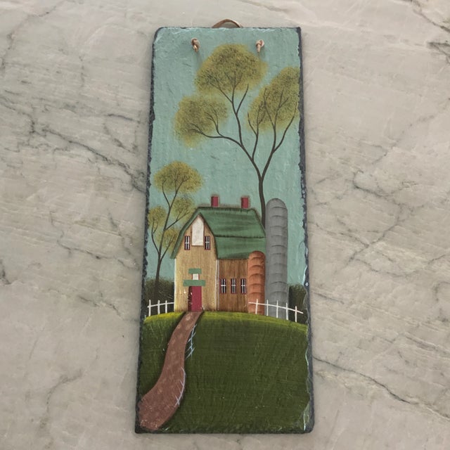Green Vintage Painting of Rustic Green Barn on Slate For Sale - Image 8 of 8