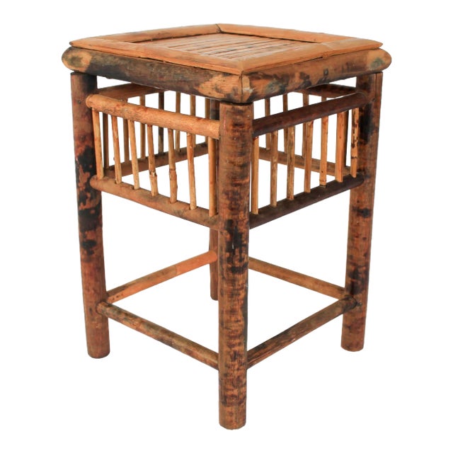 Boho Chic Square Burnt Bamboo Plant Stand / Pedestal For Sale