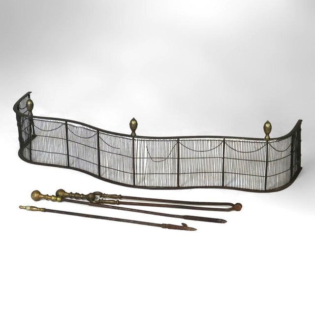 Antique Federal Brass & Wire Fireplace Fender & Three Piece Tool Set C1810 Measures- Hook: 26.75"L x 1.5"W x 1.5"D; Poker...