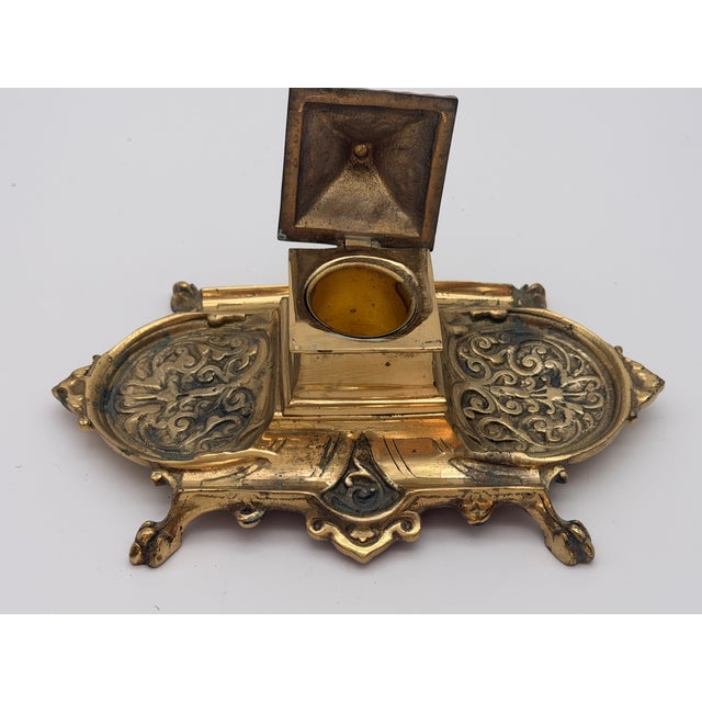 Vintage Elaborate Brass Desk Inkwell Stand With Pen Trays For Sale In New York - Image 6 of 9