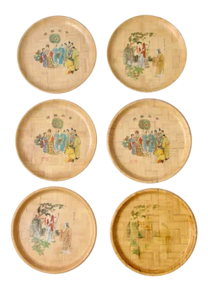 Vintage Chinese Bamboo Painted Plates - Set of 6