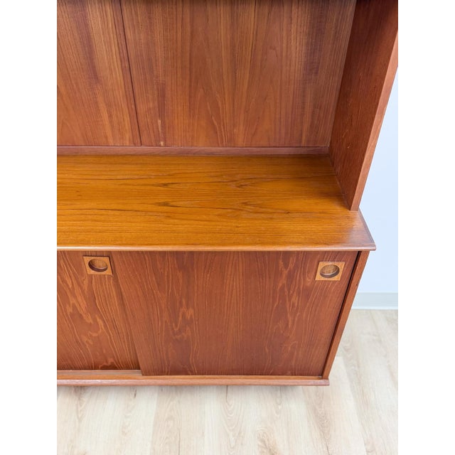 MCM Teak 2 Piece China Cabinet Sliding Doors Shelves Vintage Buffet Storage For Sale - Image 10 of 17