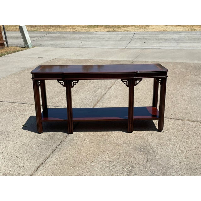Hollywood Regency Mid Century Chinese Chippendale Console Table Fretwork Shelf Inlay For Sale - Image 3 of 5