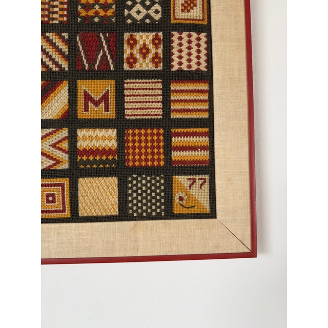 Burgundy 1970s Vintage Geometric Hand Embroidered Needlepoint Textile Wall Art, Framed For Sale - Image 8 of 12