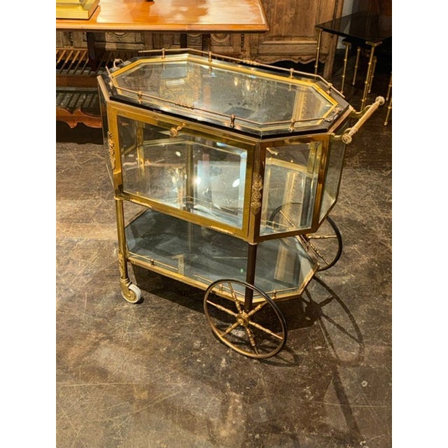 Transitional Vintage French Gilt Brass Bar Cart For Sale - Image 3 of 7