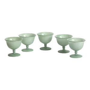1960s Sage Green Frosted Glass Footed Bowls- Set of 5