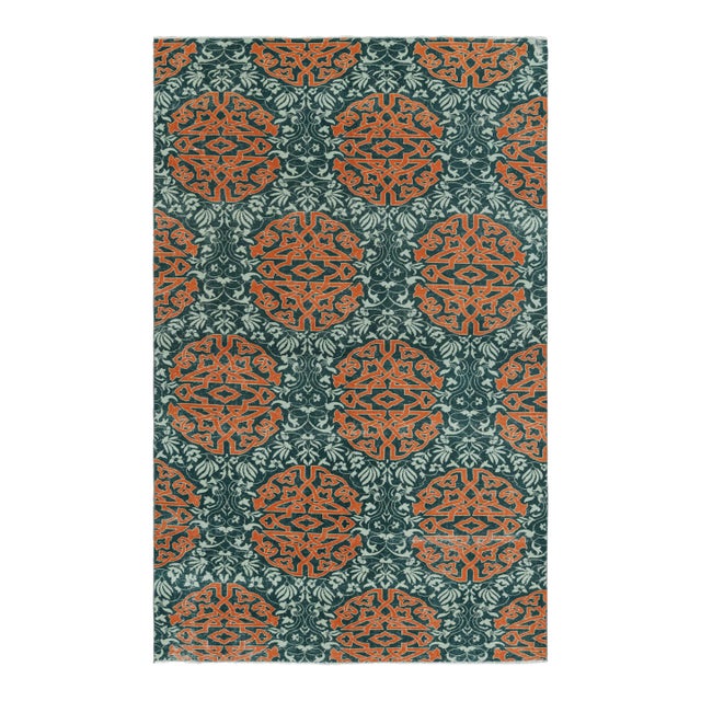 Vintage Hereke Rug in Teal With Orange Arabesque Medallions | Rug & Kilim For Sale