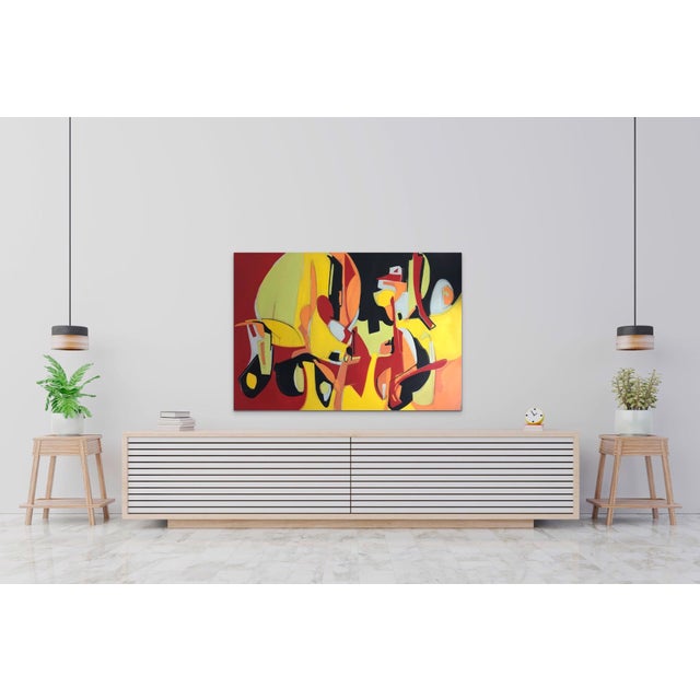 This oil on canvas work presents an abstract composition characterized by bold, vibrant hues of yellow, red, and black....