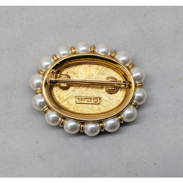 Vintage 1991 Napier Book Piece Cabochon Faux-Lapis and Faux-Pearl Brooch For Sale In Philadelphia - Image 6 of 6