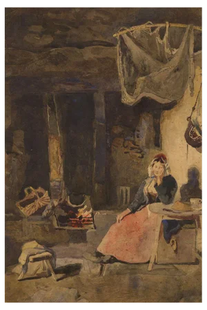 William James Müller, Interior with Woman Seated by Fire, Early 19th Century, Watercolour