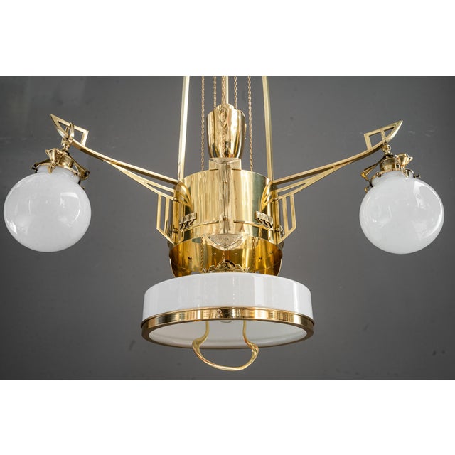 Metal Art Deco Adjustable Chandelier with Opal Glass Shades, Vienna, 1920s For Sale - Image 7 of 18