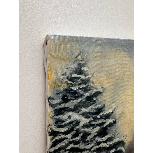 Cerulean Vintage Traditional Impressionist White Winter Landscape Original Oil Painting Diptych, a Pair in Cerulean Blue, Burnt Umber & White For Sale - Image 8 of 11