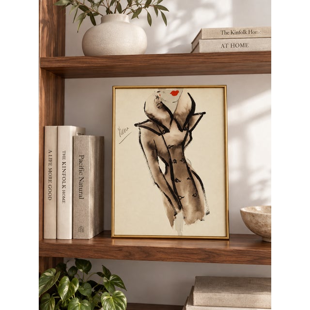 Art Deco Vintage French Fashion Art Print – Brown Coat Illustration With Red Lips, 12" X 16" For Sale - Image 3 of 8