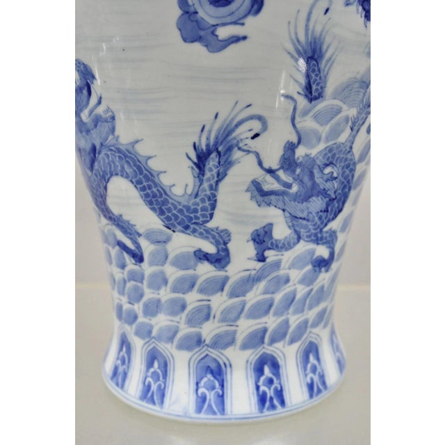 Vintage Chinese Export Delf Style Blue and White Porcelain 25" Tall Dragon Vase For Sale - Image 9 of 11
