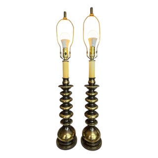 Hollywood Regency Solid Brass Stacked Disc Ring Lamps - A Pair For Sale