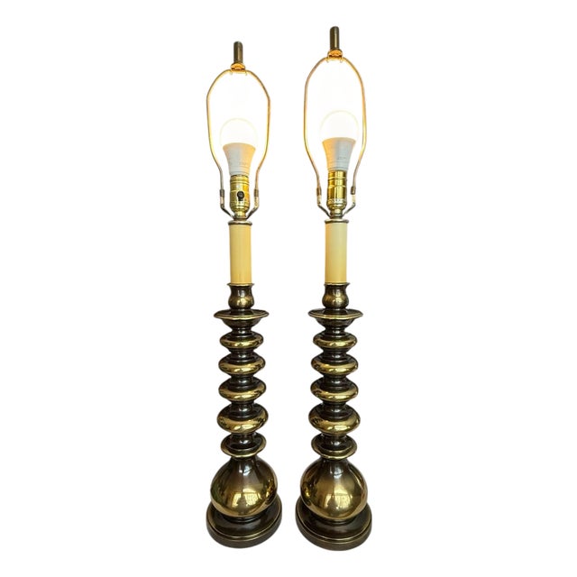 Vintage Pair Hollywood Regency Solid Brass Stacked Disc Ring Lamps For Sale