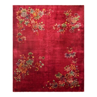 1930s Lovely Floral and Inspires Joy With Ruby Red Color Chinese Art Deco Rug For Sale