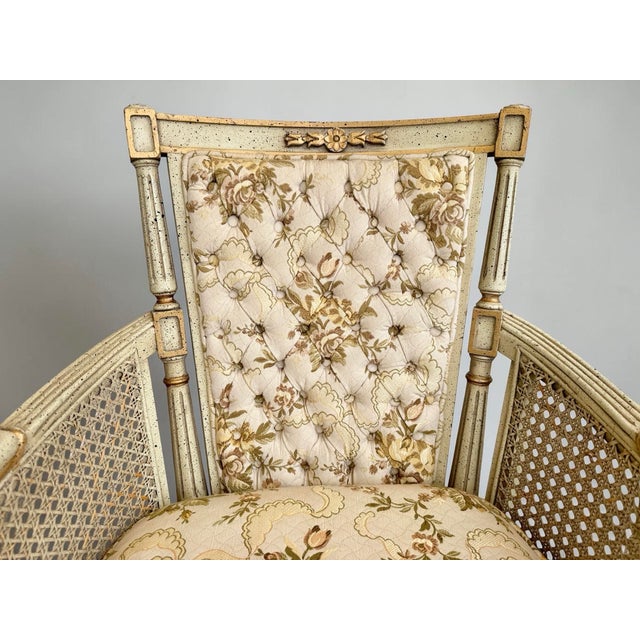 1950s Pair of Hibriten Chair Co. Louis XVI-Style Bergère Armchairs | Cream & Gilt | Cane Sides | Floral Brocade | Lenoir Nc For Sale In Los Angeles - Image 6 of 12