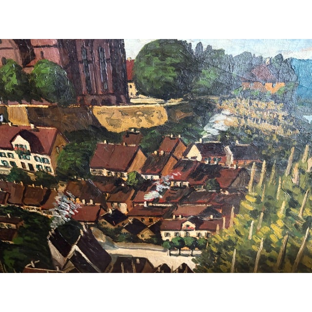 Wood Antique Oil on Canvas - Baden Wurtennberg Germany - Cityscape of Alt - Breisach - St. Stephen Munster Cathedral - Rhine River For Sale - Image 7 of 9