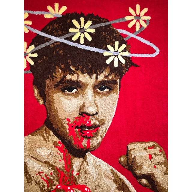 Cedric Vu "Phosphenes" Large Tufted Yarn Self Portrait, Boxer Figure, Daisy Halo, Deep Red, Contemporary California Textile Art, Pop Art, 2025 For Sale - Image 4 of 7