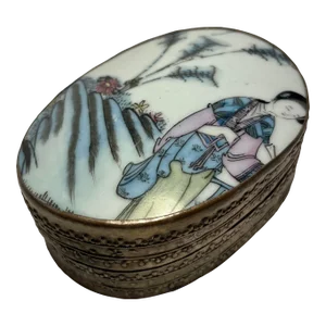 1910s Antique Chinese Silver Plated Porcelain Shard Top Hand Painted Trinket Box