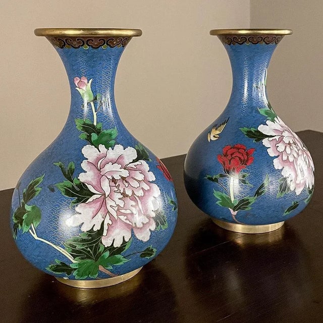 Pair Antique Cloissone Vases For Sale - Image 4 of 13
