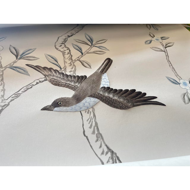 Grey Chinoiserie Mural | 2-Panel Hand-Painted Floral & Bird Wallpaper For Sale - Image 4 of 6