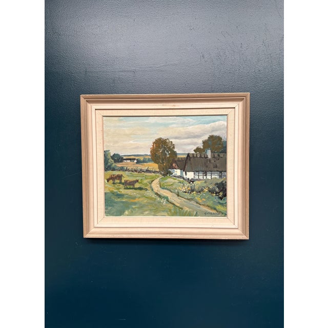 Mid-Century Modern Hjalmar Lindblom, Farms with Grazing Cows, 1950s, Oil on Canvas, Framed For Sale - Image 3 of 11