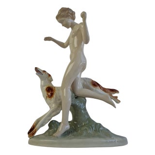Art Deco Diana with Greyhound by Elly Strobach König for Royal Dux, 1930 For Sale