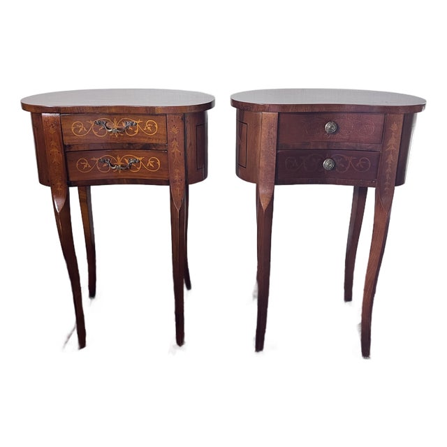 Pair of Vintage Italian Marquetry Inlaid Kidney-Shaped Walnut Side Table With Two Drawers, Louis XV Style Legs For Sale