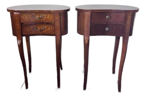 Pair of Vintage Italian Marquetry Inlaid Kidney-Shaped Walnut Side Table With Two Drawers, Louis XV Style Legs