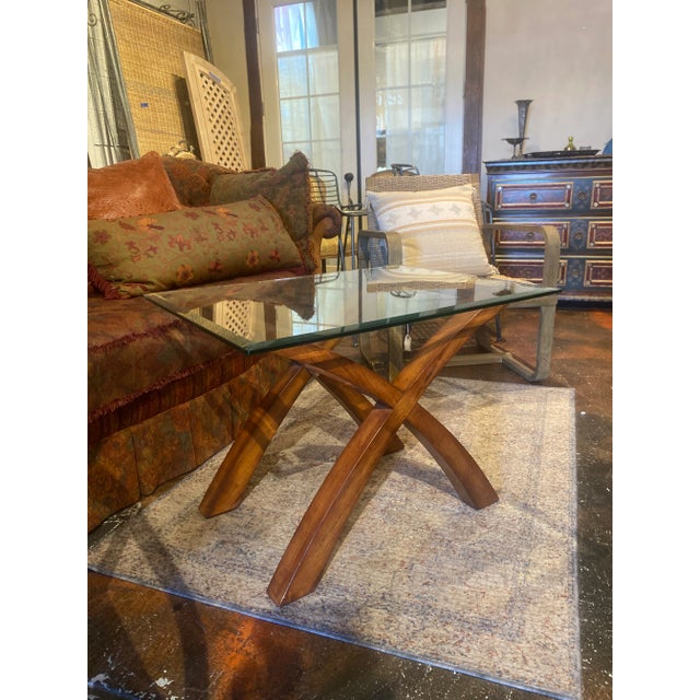 1990s Vintage Wooden Cross Leg Coffee Table With Glass Top Chairish