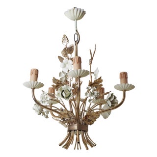 Hollywood Regency Gilded and Cream Rose and Bellflower Chandelier, Italy, 1960s For Sale