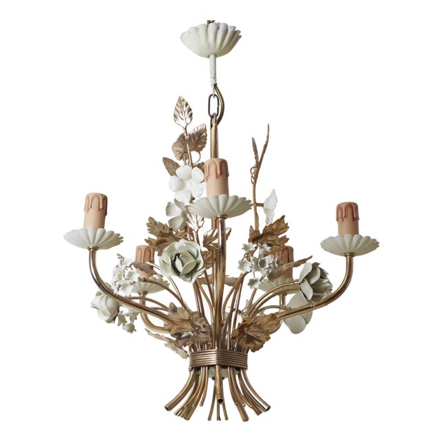 Hollywood Regency Gilded and Cream Rose and Bellflower Chandelier, Italy, 1960s For Sale