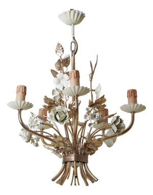 Hollywood Regency Gilded and Cream Rose and Bellflower Chandelier, Italy, 1960s